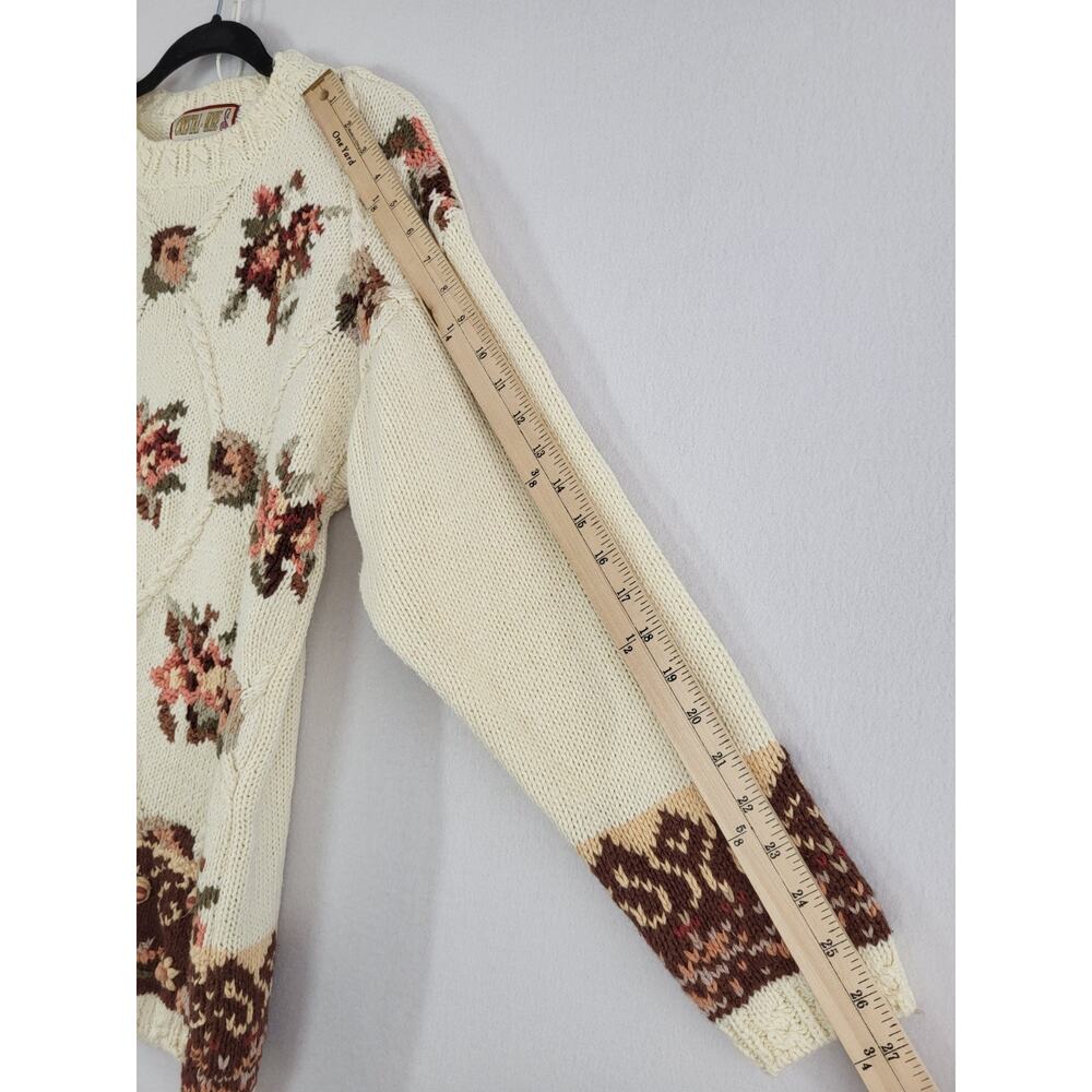 VTG Crystal‎ Kobe 3D Floral Knit Sweater L Cream Rose Cottage Romantic Grandma - Picture 9 of 14
